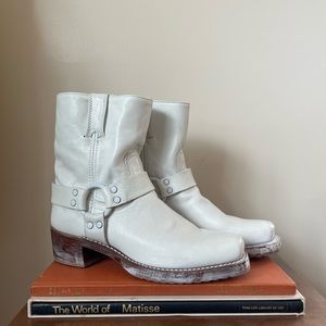 Frye Harness White Distressed Leather Biker Boot